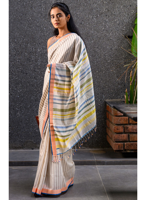 Off-white with brown, Handwoven Organic Cotton, Textured Weave , Jacquard, Work Wear, Zig Zag Striped Saree